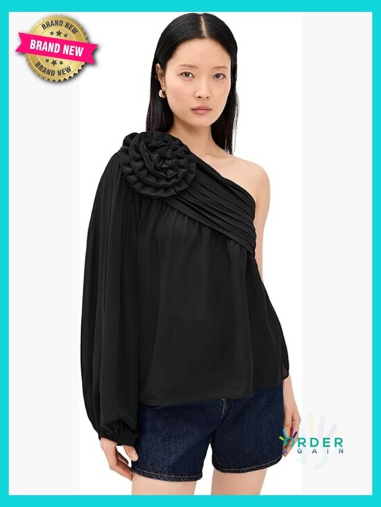 Tops - One Shoulder Blouse Lightweight Georgette Loose Fit Elegant Chic Rose Accent
